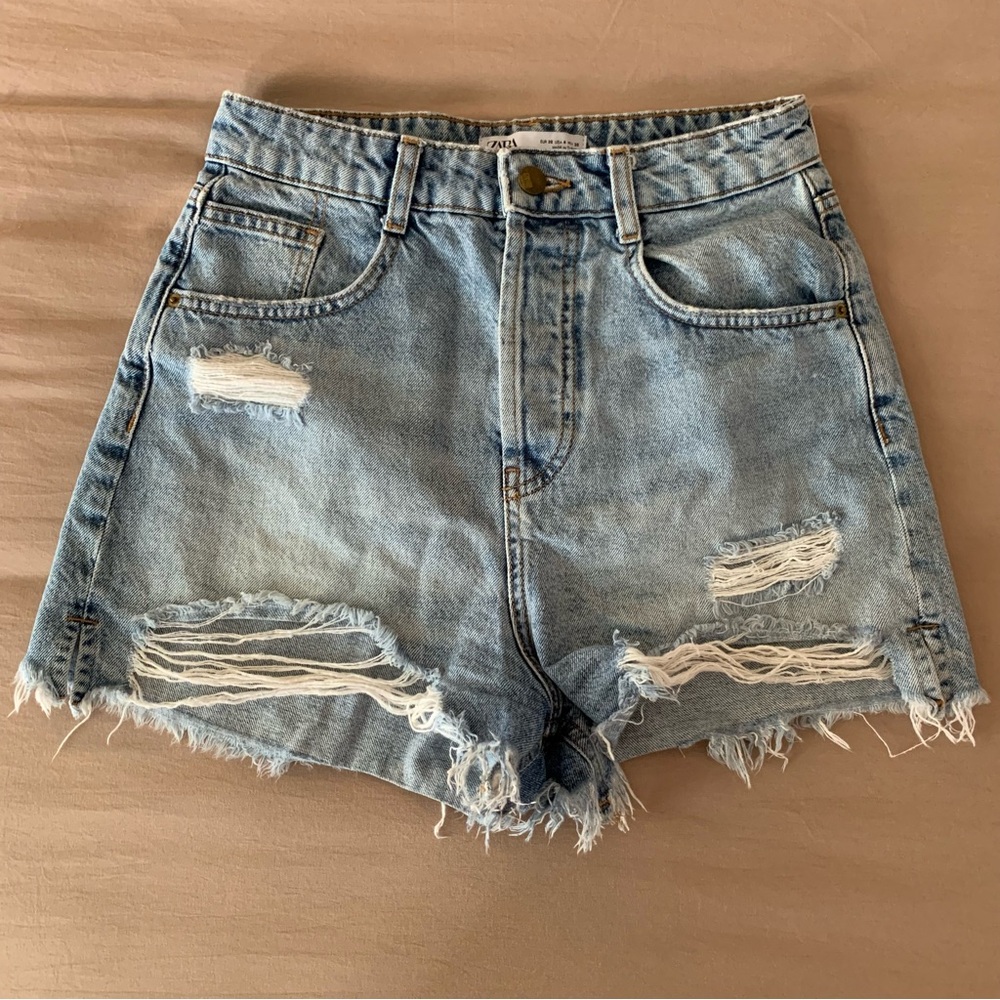Zara Blue Jean Shorts Distressed High-Waisted